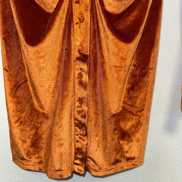 Women’s Long Sleeve Bodycon Dress Turn-Down Collar Velvet Ruched Rust Orange M - Picture 9 of 12